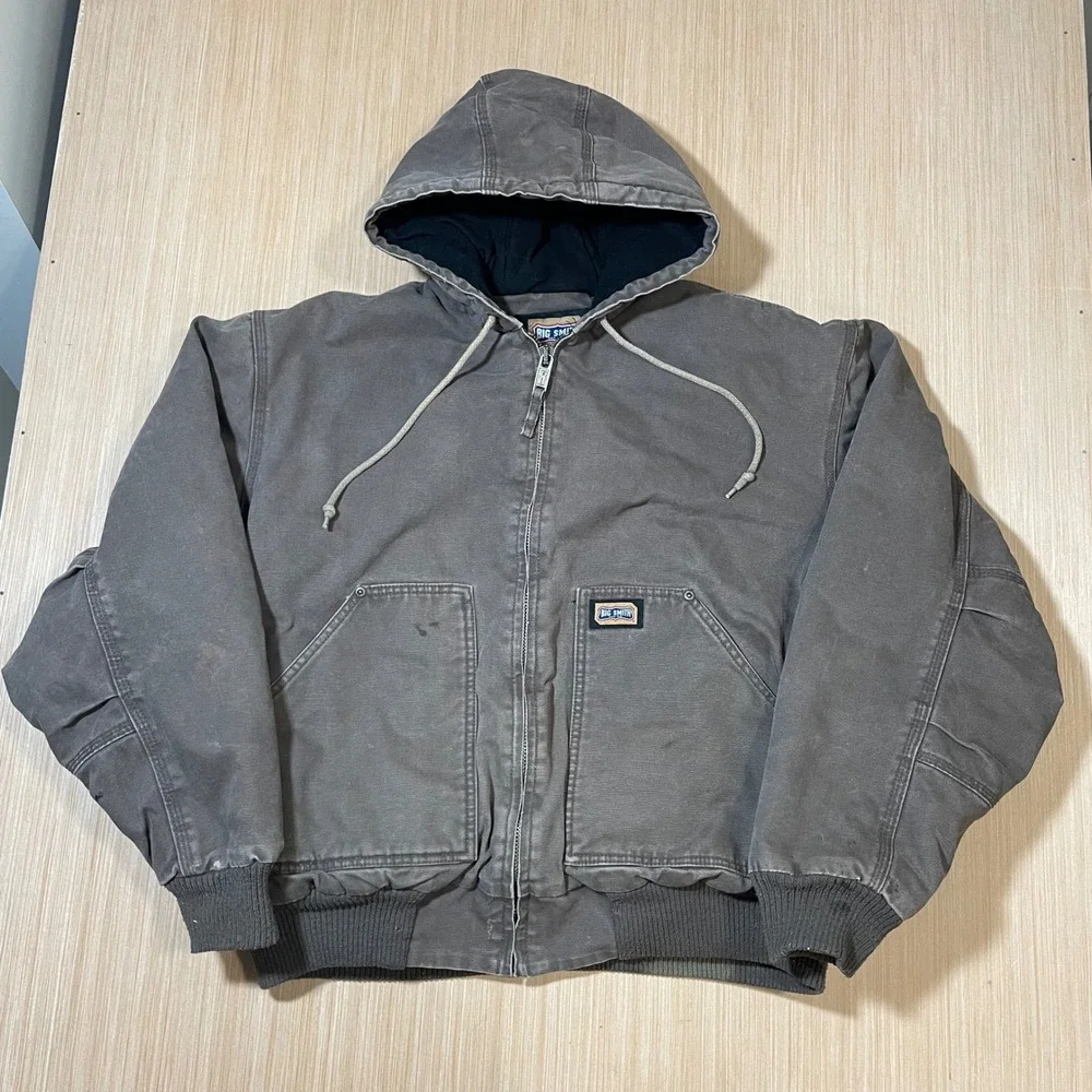 Big Smith Duck Canvas Jacket Mens Large Brown Hooded Insulated Workwear Coat